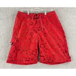 Vintage NSS Board Shorts Mens 34 Red Floral Flocked Hibiscus Cargo Swim Trunks